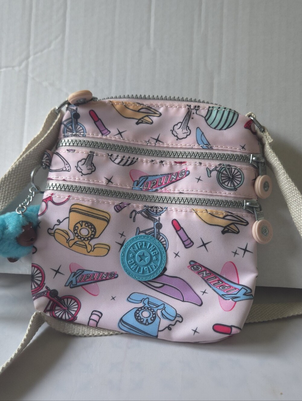 Kipling Pink Retro Novelty Print Mini Crossbody Bag Phone Pouch Richard MonkeyBr